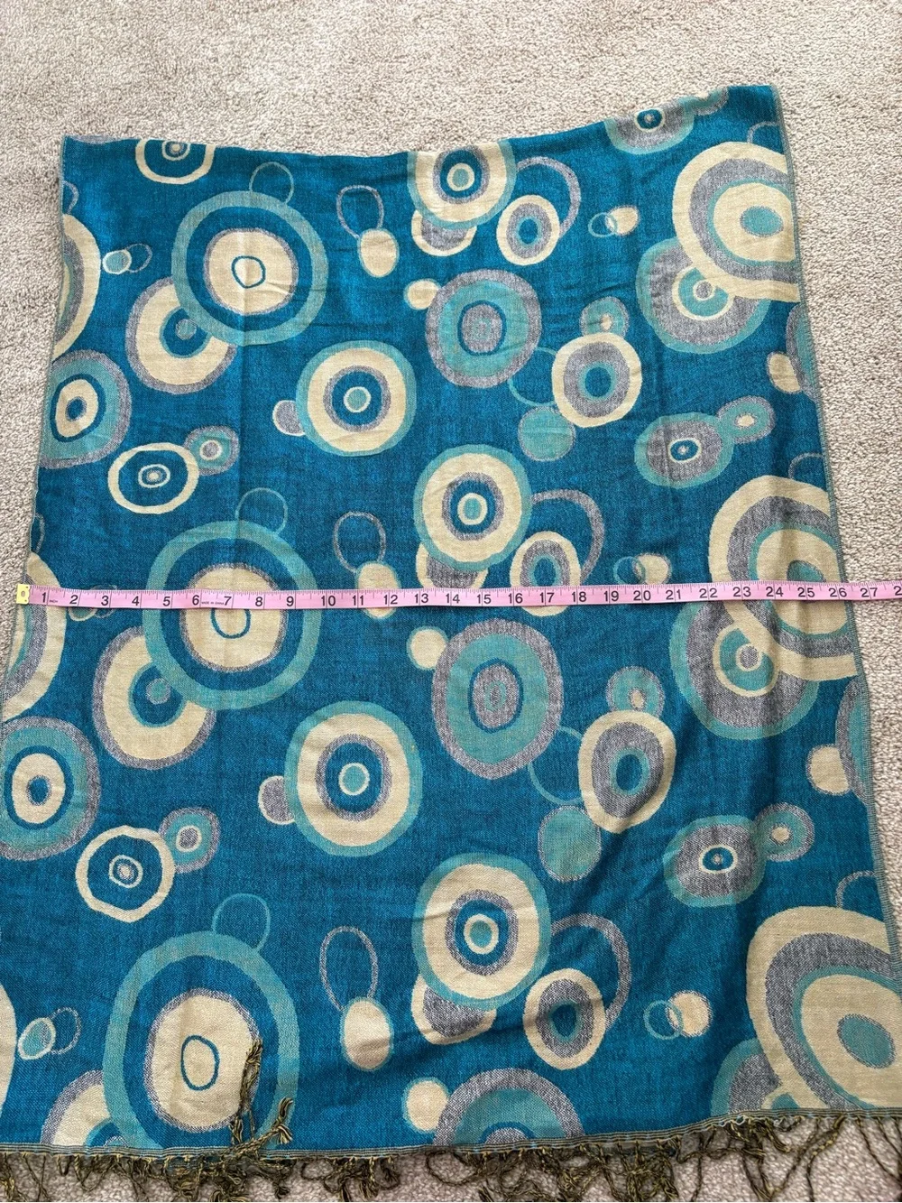 Pashmina Silk Teal, Beige & Gray Circular Pattern Fashion Fringed Scarf